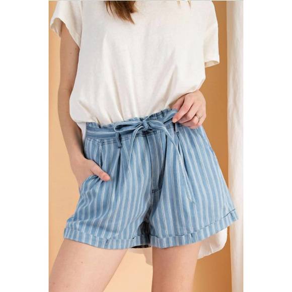 NEW EASEL stripe time high waist shorts in light wash - Picture 1 of 2